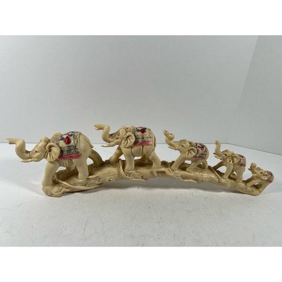 Five Marching Elephants On Log Figurine Beige Resin Large To Small Collectible